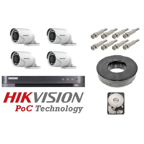 Kit de supraveghere video complet 4 camere Hikvision 1080P, ir 20m , 1Tb , tehnologie POC 