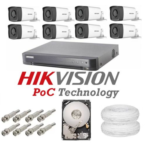 Kit de supraveghere video complet 8 camere Hikvision 5 Mp, ir 40 m , 2Tb , tehnologie POC 