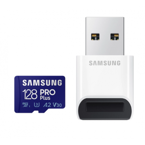 Card memorie Samsung PRO Plus + Cititor USB carduri micro-SDXC, MB-MD128KB/WW, 128GB, "MB-MD128KB/WW" (include TV 0.03 lei)