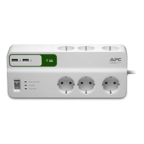 PRELUNGITOR APC, Schuko x 6, conectare prin Schuko (T), USB x 2, cablu 2 m, 10 A, protectie supratensiune, alb, "PM6U-GR" (include TV 0.8lei)
