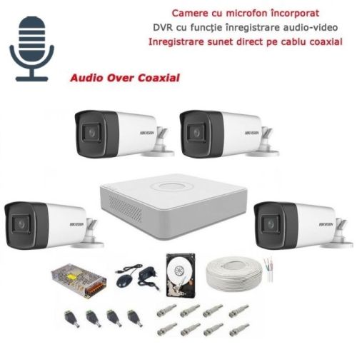 Kit de  supraveghere audio-video complet 4 camere Hikvision 5 Mp, IR 40 m , 1Tb