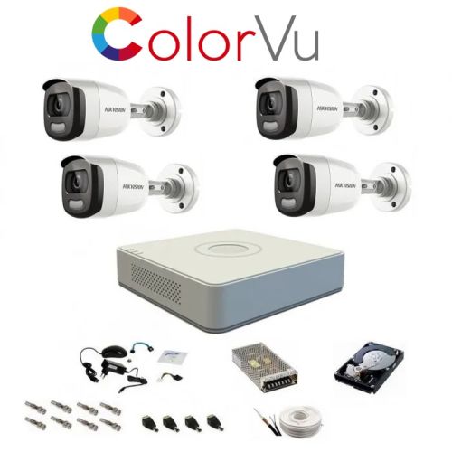 Kit de supraveghere video complet 2MP ColorVU , Hikvision, 4 camere cu lumina alba 40m ,1TB