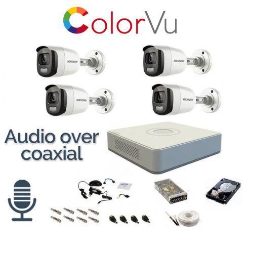 Kit de supraveghere audio-video complet 2MP , Hikvision, 4 camere cu lumina alba 20 m si microfon incorporat , Audio Over Coaxial , 1TB