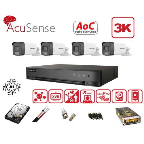 Kit de  supraveghere audio-video complet 4 camere Hikvision 5 Mp , Dual Light IR si ColorVu 40m, 1Tb