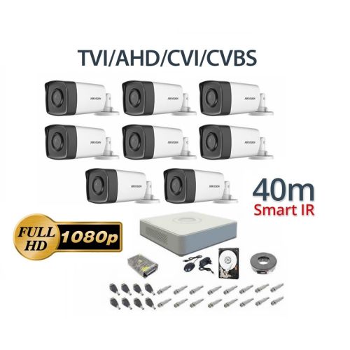 Kit de  supraveghere video complet 8 camere Hikvision 1080P, IR 40 m , 1TB