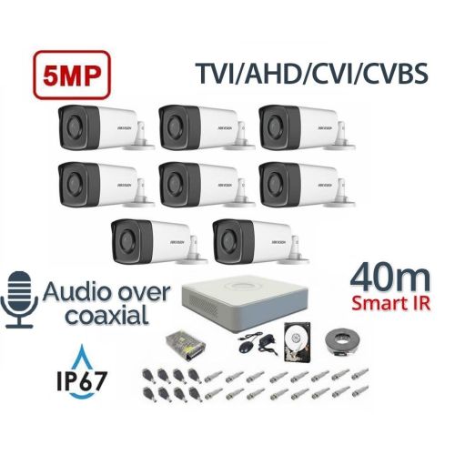 Kit de  supraveghere audio-video complet 8 camere Hikvision 5 Mp, IR 40 m , 2Tb