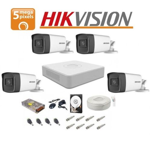 Kit de supraveghere  video complet 4 camere Hikvision 5 Mp, ir  80m , 1Tb