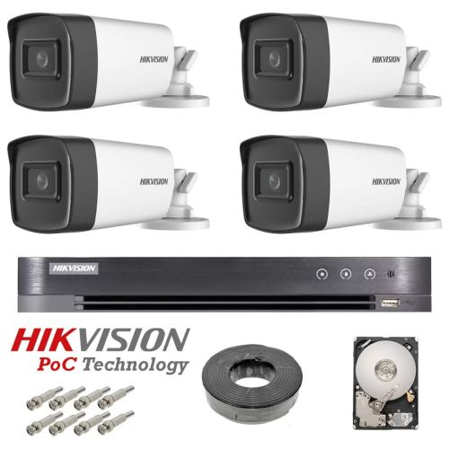 Kit de supraveghere video complet 4 camere Hikvision 5 Mp, ir 40 m , 1Tb , tehnologie POC 