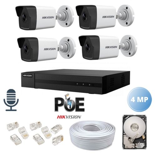 Kit de supraveghere audio-video complet IP POE Hikvision 4MP , IR 30 m , 1 TB 