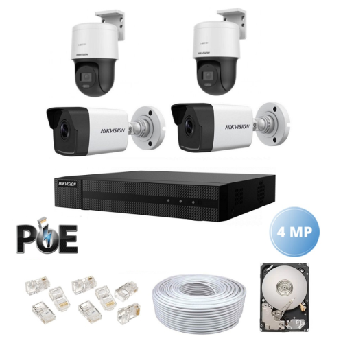 Kit de supraveghere audio-video complet 4 canale IP POE Hikvision cu 2 Camere Rotative 4MP cu lumină albă 30m, 2 camere bullet de 4 Megapixeli, Infraroșu 30m, Lentilă 2.8mm