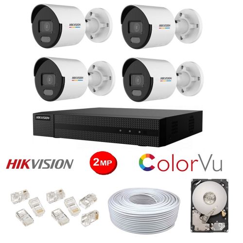 Kit supraveghere video complet, IP, Full color, Colorvu , NVR cu 4 camere tip bullet, WL 30m, 1TB , Hikvision